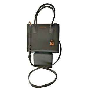 Michael Kors Black Faux Leather Medium Mercer Cross body Bag 46" Strap 8x9x4